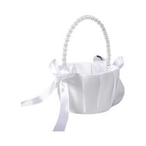 Cesta De Flores De Casamento Em Cetim Branco Com Alça De Pérolas Para Damas De Honra E Meninas Das