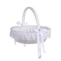 Cesta de flores de casamento para meninas branca elegante com fita e renda