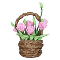 Cesta de flores em miniatura para casa de bonecas em argila de resina rosa em escala 1:12 Cesta de flores em miniatura para casa de bonecas em argila de resina rosa em escala 1:12