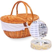 Cesta de piquenique, conjunto de vime HYBDAMAI para 4 pessoas, com talheres e forros Cesta de piquenique, conjunto de vime HYBDAMAI para 4 pessoas, com talheres e forros