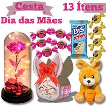 Cesta de Presente Dia Das Mães Kit 13 ìtens com Flor Cúpula Rosa Encantada Chocolates Urso Bichinho