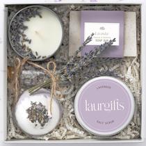 Cesta de presentes de spa LaurGifts Lavender com vela e bomba de banho Cesta de presentes de spa LaurGifts Lavender com vela e bomba de banho
