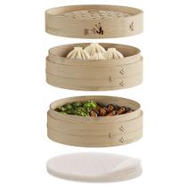Cesta de vapor de bambu Prime Home Direct de 2 camadas de 20 cm com 50 forros Cesta de vapor de bambu Prime Home Direct de 2 camadas de 20 cm com 50 forros