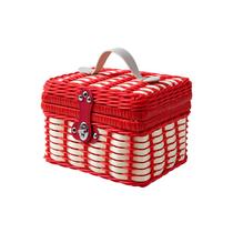 Cesta de vime vermelha e bege tecida com alça 23x18x15cm