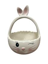 Cesta Decorativa Ceramica c/ Alça Coelho Branco/Rosa 15x20cm