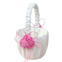 Cesta Flower Girl Charmosa de cetim rosa com fita e rosas