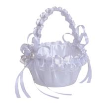 Cesta Flower Girl, elegante cetim branco com fitas e renda Cesta Flower Girl, elegante cetim branco com fitas e renda