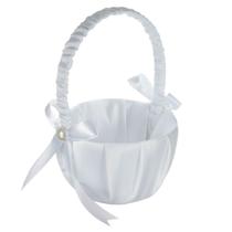 Cesta Flower Girl, elegante cetim branco com pérolas, 13x20cm