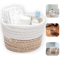 Cesta Organizadora Poliéster 15x15x9cm Multiuso Redonda Luxo Branco E Bege Organização Bêbes Kids Com Costura Ideal Para Fraldas Toalhas e Acessórios