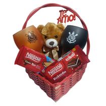 Cesta Romântica Urso, Chocolates e Duas Taças 615ml Escolha seu Time