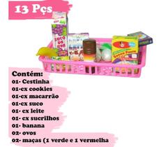 Cestinha de Compras Infantil Mini Mercadinho com Comidinhas de Brinquedo 13 peças
