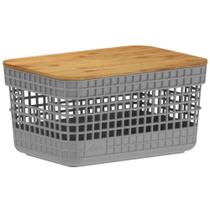 Cesto 2,5L Organizador Ou Grid Cinza Com Tampa De Bambu Cesto 2,5L Organizador Ou Grid Cinza Com Tampa De Bambu