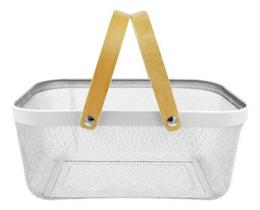 Cesto Aramado Com Alça De Madeira Organizador - Branco