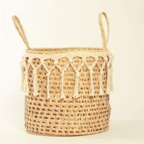 Cesto Cachepot Natural Macrame Franjas Com Alças 30x30