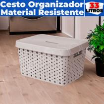 Cesto Caixa Organizadora Rattan Grande Com Tampa 33 Litros (46x34x24)
