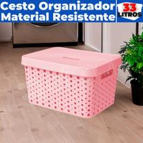 Cesto Caixa Organizadora Rattan Grande Com Tampa 33 Litros (46x34x24)