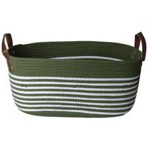 Cesto de Algodão 41x25x19 C/ Alça Verde com Listras Brancas