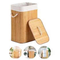 Cesto de Bambu 60L com Tampa e Forro Banheiro Quarto Lavanderia - Mek