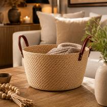 Cesto de Fibra Natural Mocca 28cm Organizador Redondo com Alças Multiuso Decoração e Organização