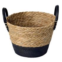 Cesto de Fibra Natural Preto C/ Alça Grande Ø33x28cm p/ Organização Decoração 3014