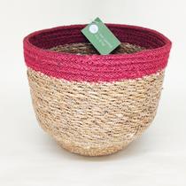 Cesto de Fibra Natural Redondo com borda Vermelha
