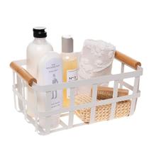 Cesto De Metal Com Alca De Bambu 25X16X15Cm Multiuso Branco