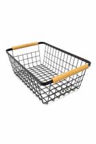 Cesto De Metal Preto Com Alça De Bambu Paramount Elegante Cesto Multiuso