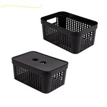 Cesto de organizar coisas multiuso caixa de armazenamento com tampa empilhavel multifuncional volume medio grande 4,5 Litros 26x18x12 preto branco