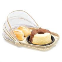 Cesto de Pães Porta Pão e Bolo de Bambu Retangular Cobertura em Tela Tule Retrátil