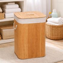 Cesto De Roupa Bambu Banheiro Lavanderia Com Tampa e Alças Forrado 70 Litros Grande
