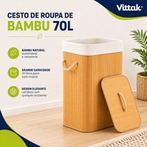 Cesto De Roupa De Bambu Vittak Para Banheiro Lavanderia Com Tampa e Alças Forrado 70 Litros Grande