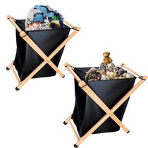 Cesto De Roupa Organizador 50 Litros Tecido e Madeira Dobravel Retratil Preto