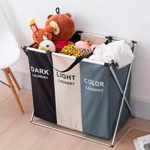 Cesto De Roupa Organizador Com 3 Divisórias Dobrável Cor Cinza/Branco/Preto