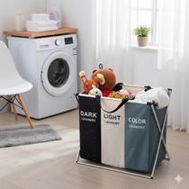 Cesto de Roupa Suja 3 Divisórias Aço Cromado Reforçada Organizador Lavanderia