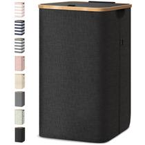 Cesto de roupa suja BALEINE com tampa 100L, alças de bambu pretas