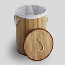Cesto de roupa suja bambu banheiro lavanderia rendondo forrado e com tampa caixa organizadora