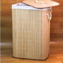 Cesto de roupa suja bambu banheiro lavanderia retangular forrado e com tampa caixa organizadora