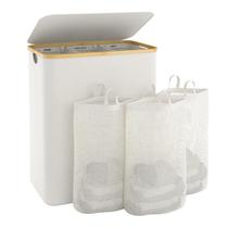 Cesto de roupa suja Bathola 145L com tampa e 3 seções bege