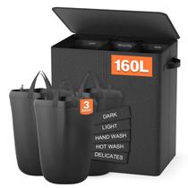 Cesto de roupa suja Bathola 160L de 3 seções com tampa cinza escuro