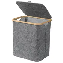 Cesto De Roupa Suja C/ Tampa Bambu E Tecido 45 Cm - Mimo Style