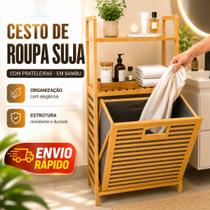 Cesto De Roupa Suja Com 2 Prateleira em Bambu Armário Organizador Multiuso Cesto De Roupa Suja Com 2 Prateleira em Bambu Armário Organizador Multiuso