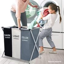 Cesto de Roupa Suja Dobrável 3 Compartimentos com Alça Organizador Resistente e Impermeável