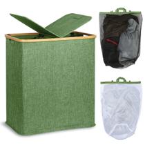Cesto de roupa suja efluky de seção dupla com tampa e alças de bambu Cesto de roupa suja efluky de seção dupla com tampa e alças de bambu