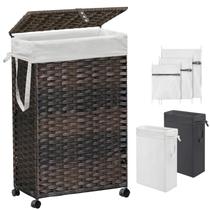 Cesto de roupa suja Hiagnete 70L com tampa e rodas, rattan marrom