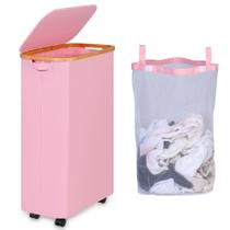 Cesto de roupa suja ieGrow 75L com rodas, tampa e bolsa interna rosa