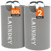 Cesto de roupa suja Lifewit 120L, pacote com 2 unidades, dobrável, prateado, cinza