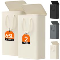 Cesto de roupa suja Lifewit 65L com tampa, design fino, branco, pacote com 2