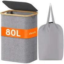 Cesto de roupa suja Lifewit 80L com tampa, alças de bambu cinza claro