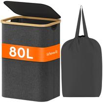 Cesto de roupa suja Lifewit 80L com tampa, alças de bambu, cinza escuro Cesto de roupa suja Lifewit 80L com tampa, alças de bambu, cinza escuro