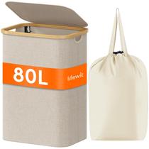 Cesto de roupa suja Lifewit 80L com tampa, alças de bambu e bolsa bege Cesto de roupa suja Lifewit 80L com tampa, alças de bambu e bolsa bege
